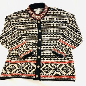 L.L. Bean Black and White Knit Holiday/ Winter themed Cardigan with Red Accents